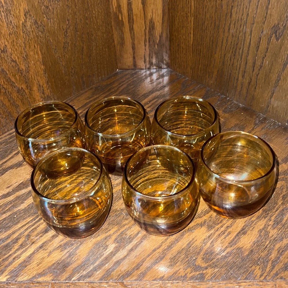 1960’s MCM Amber Roly poly Cocktail Glasses. Set of Six. Hand Blown